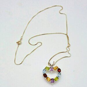 925 Multi Gemstone Heart Pendant Necklace 18" Sterling Silver